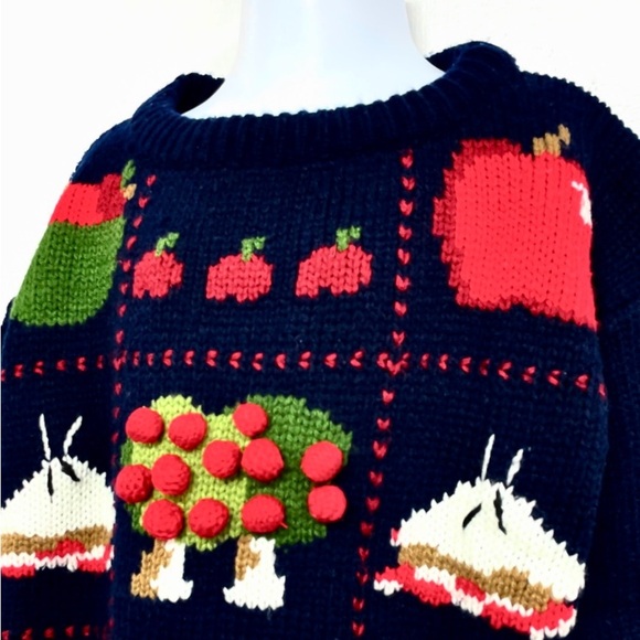 Eagles Eye Vintage 90s Kids Hand Knit A Is For Apple Navy Folk Art Sweater 6/6X - Picture 5 of 10